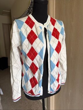 Women’s Argyle Cardigan Jacket - White with Red & Light Blue